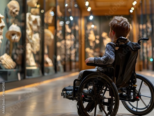 Curious Child in Wheelchair Mesmerized by Museum's Historical Wonders