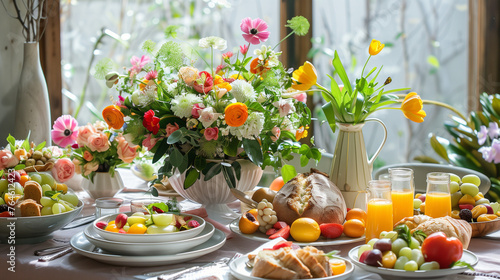  Contemporary Easter brunch setting emphasizing healthy eating, with organic vegetable dishes, freshly squeezed juices, whole grain breads, and a centerpiece of edible flowers and:: -
