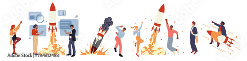 Startup concept, people on rocket. Business project launch person, team start, teamwork success or fail, innovation entrepreneur strategy, crash failure mission. Vector cartoon flat style illustration