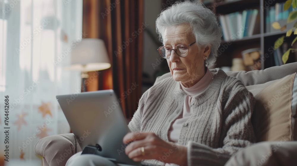 Happy elderly woman uses digital computer at home, reads e-book, talks on video call, enjoys online communication Happy elderly woman uses digital computer at home, reads e-book, talks on video call, enjoys online communication