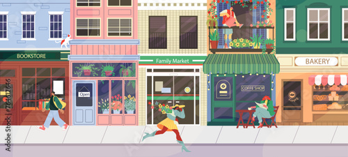 Shop street. People walk along city road. Cafe and bookstore. House exterior. Small business. Town store. Neighborhood building. Modern bakery storefront. Pedestrians at sidewalk. Vector illustration photo