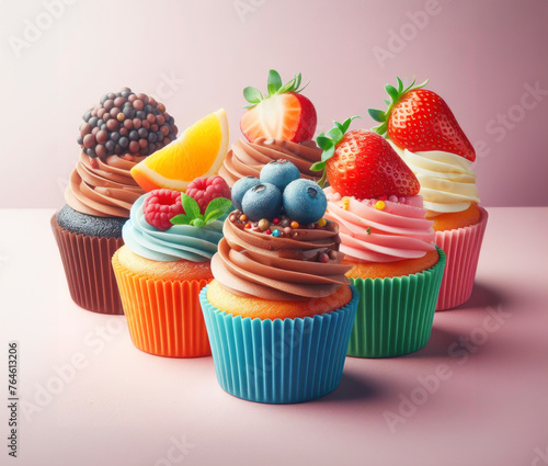 Vibrant array of cupcakes with different flavors  topped with fresh fruits and berries  on a soft pink background