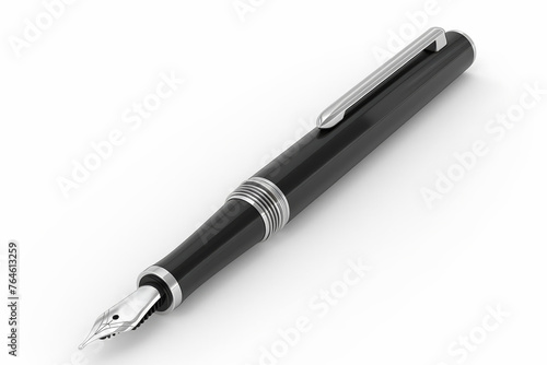 Elegant black fountain pen with silver trim on white background with ample copy space, ideal for corporate and educational themes