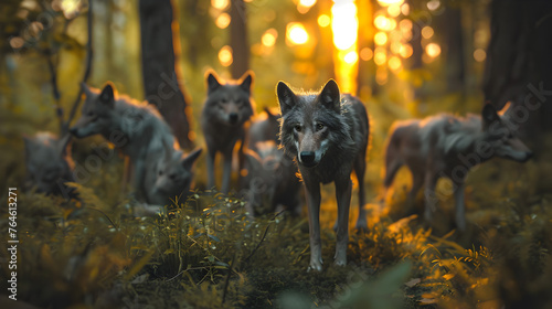 Wolf family in the forest with sunset. Group of wild animals in nature.