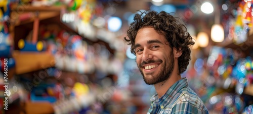 Friendly store worker in toy shop. A young man with curly hair smiling broadly, with a blurred colorful background of toy shelves, representing a pleasant shopping atmosphere. © Maxim