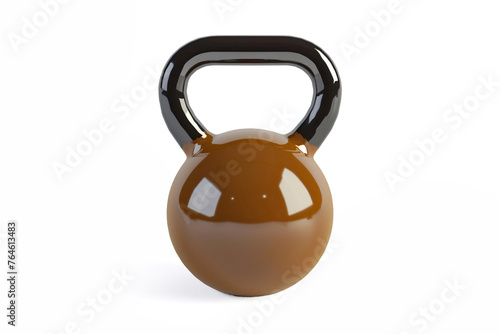 Single brown and black kettlebell on a white background with ample copy space, suitable for fitness and strength training themes