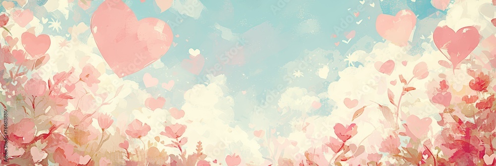 A soft and dreamy background for Valentine's Day, featuring handdrawn hearts in various shades of pink and red against an ethereal sky. 