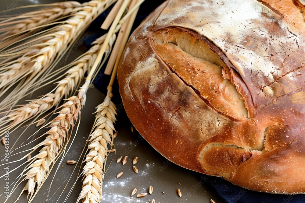 freshly baked bread beside wheat sheaves on table - obrazy, fototapety, plakaty 