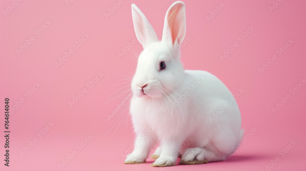 A white rabbit looks at the camera with cute eyes on a pink background. A white rabbit looks at the camera with cute eyes on a pink background.