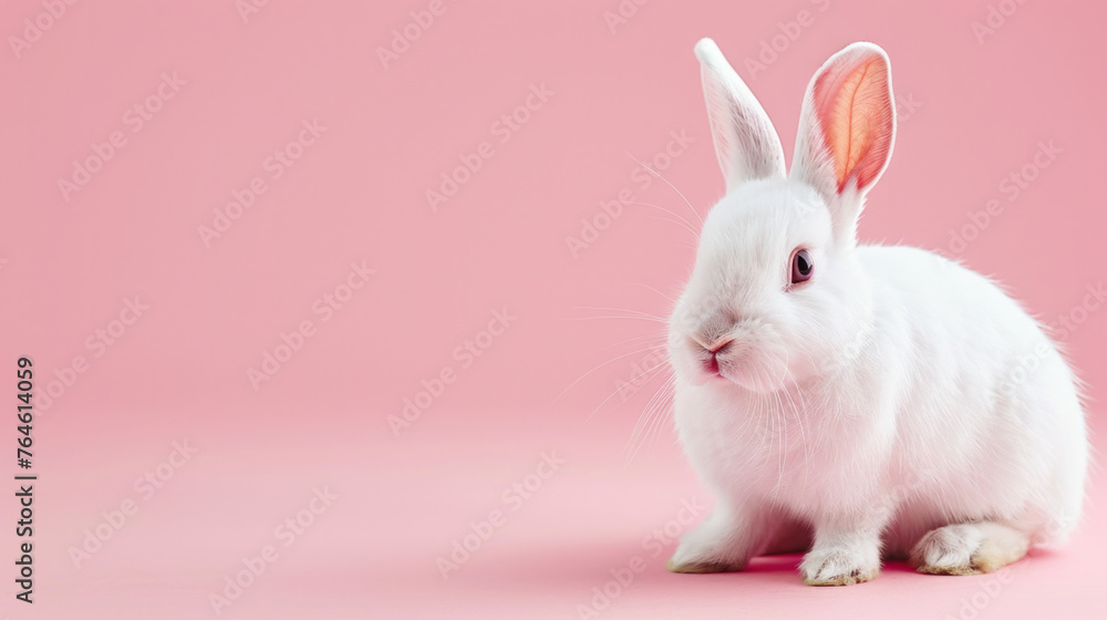 A white rabbit looks at the camera with cute eyes on a pink background. A white rabbit looks at the camera with cute eyes on a pink background.