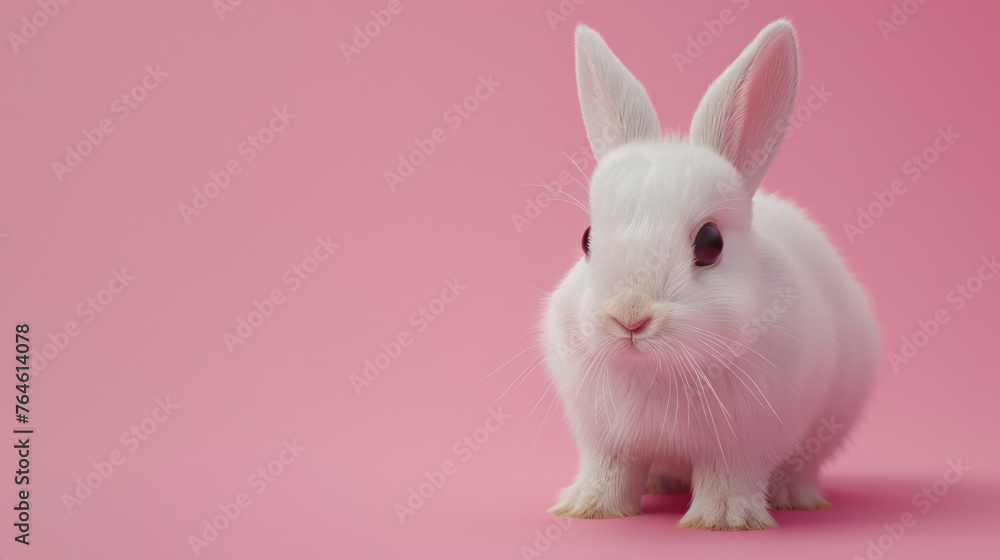 A white rabbit looks at the camera with cute eyes on a pink background. A white rabbit looks at the camera with cute eyes on a pink background.