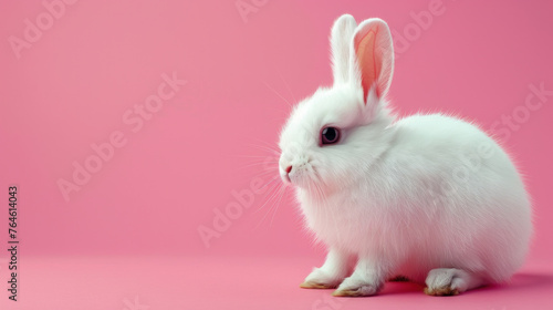 A white rabbit looks at the camera with cute eyes on a pink background.