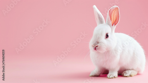 A white rabbit looks at the camera with cute eyes on a pink background. © lamphun