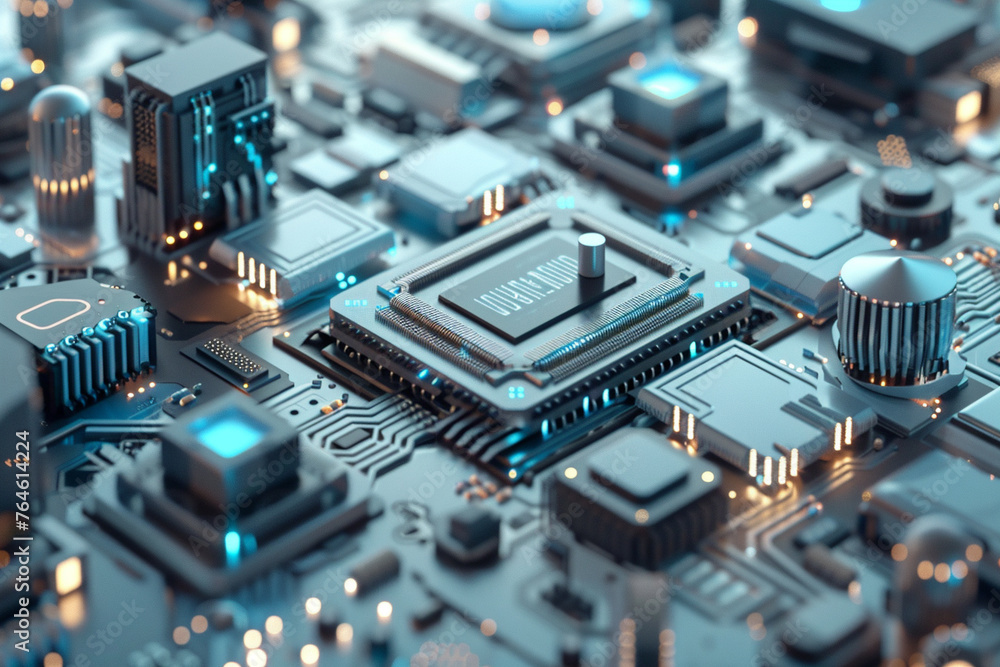 A detailed 3D computer chip with smaller chips around it, all in shades of blue on a silver background. A detailed 3D computer chip with smaller chips around it, all in shades of blue on a silver background.