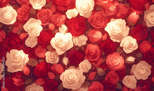 Assorted roses background in shades of red and white, Generative AI 