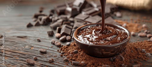 Мelted chocolate pours into bowl against the background of a wooden table covered with cocoa beans, cocoa powder and chocolate pieces