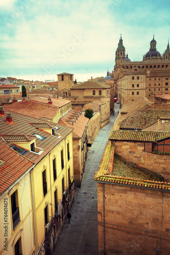 View from Palacio de Monterrey to Compania street. Domes of the Salamanca Cathedral in the background