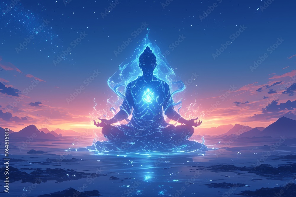 A meditating figure with glowing energy centers and auras, representing