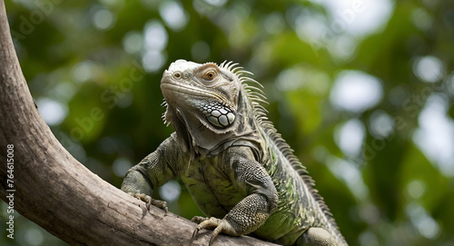 Portrait of an iguana lying on a tree branch in a zoo with eyes closed front view with high angle geneative ai 