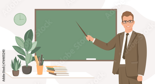 Male teacher standing by blackboard in the classroom. Concept of education and training. Vector illustration