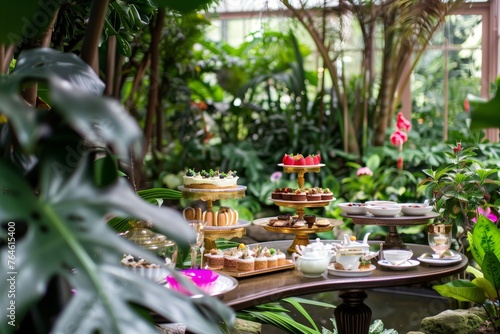 elegant high tea setup in a botanical garden with tiered cake stands