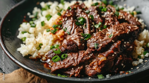 Bulgogi Korean beef dish with rice and green onions on a dark plate.