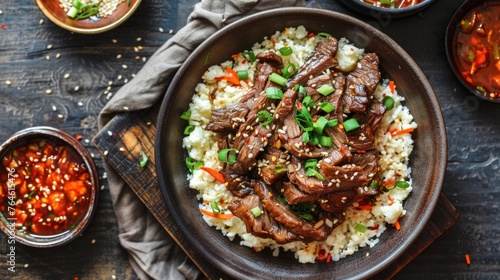 Sliced beef over cauliflower rice garnished with green onions and sesame seeds.