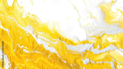 Abstract yellow and white fluid art texture. Dynamic mix of paint and liquid swirls