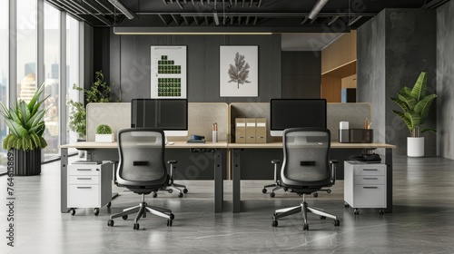 Modern office workspace with ergonomic chairs and desktop computers.