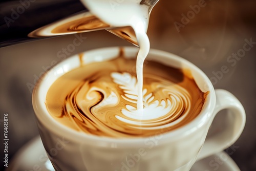 coffee pouring from a height into a cup, milk getting swirled in