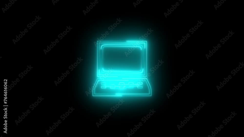 Neon glowing cyan computer laptop icon animation in black background Neon glowing cyan computer laptop icon animation in black background