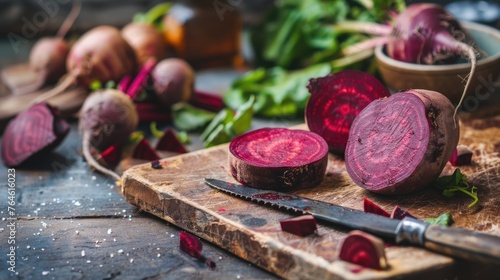 Fresh beetroots with leaves on a wooden cutting board and scattered pieces on a dark background