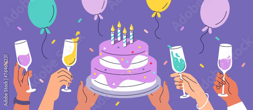 Birthday party celebration. Characters hands holding birthday cake with candles, balloons and wine or champagne glasses. Holiday background. Vector illustration.