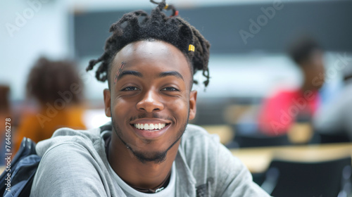  Happy black university student attending lecture in classroom and looking at camera