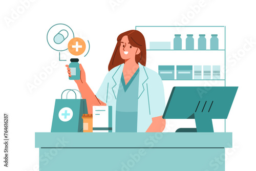 Pharmacist standing at pharmacy counter and presenting prescription drug. Pharma professional at drugstore concept. Vector illustration.