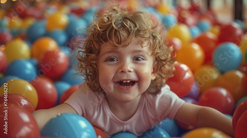 Happy child playing in a ball pit with colorful balls.
