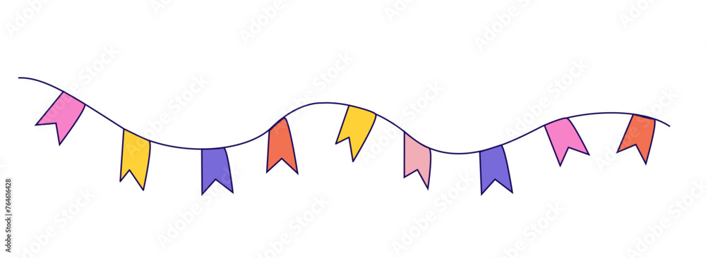 Obraz premium Colorful party pennant banner. Flat vector illustration isolated on white background. Celebration and decoration concept. Design for birthday, festival, event invitation.