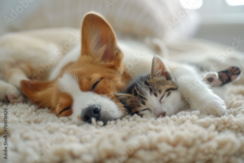 Cats and dogs sleep soundly together. Generate AI image photo