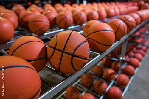 neatly lined up basketballs on metal rack