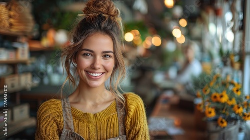 Friendly young woman with a bun hairstyle in a cozy cafe setting.