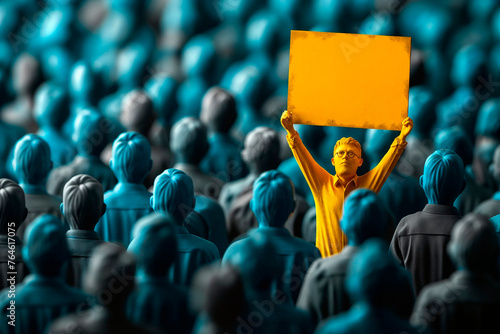 Individual in a crowd holding a blank sign high, standing out, unique perspective. © Creative Clicks