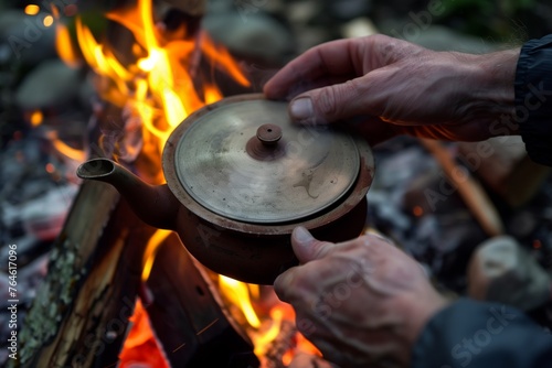 closeup of hands holding a teapot lid over a gentle campfire flame
