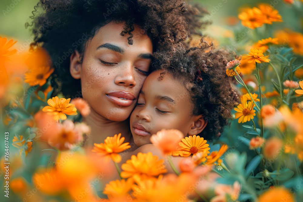 Colorful Blooms Embrace Black Mother and Son Colorful Blooms Embrace Black Mother and Son