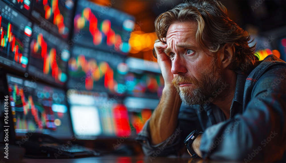 Stockbroker Male Looking at Stock Trading data on Display Board at Stock Exchange Market as Business financial investment concept. The Market trend is decrease or Down as show in red Figure. Stressed Stockbroker Male Looking at Stock Trading data on Display Board at Stock Exchange Market as Business financial investment concept. The Market trend is decrease or Down as show in red Figure. Stressed