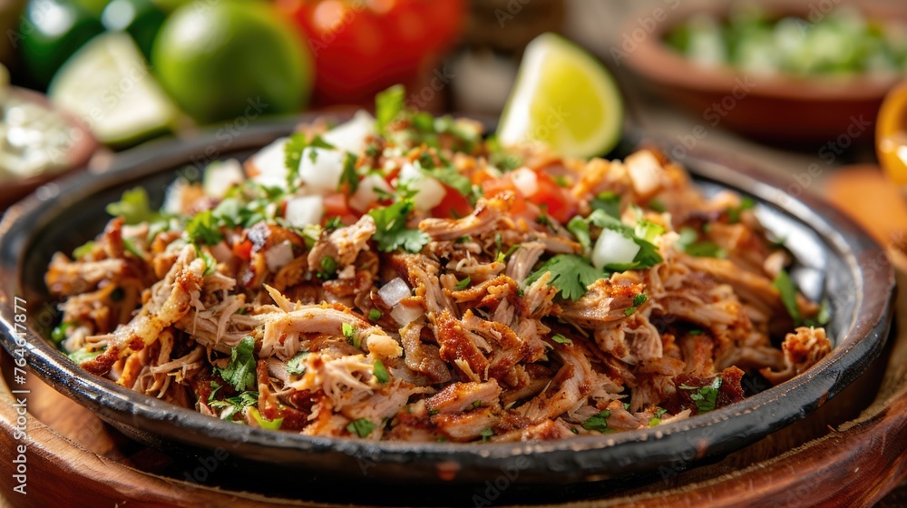 Traditional Mexican shredded pork carnitas in a hot skillet. Traditional Mexican shredded pork carnitas in a hot skillet.