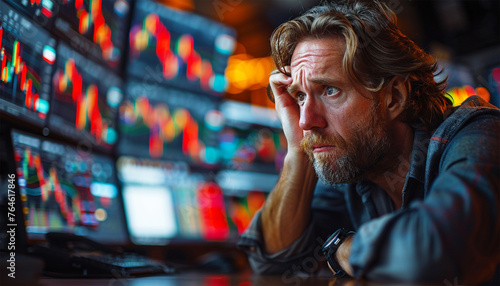 Stockbroker Male Looking at Stock Trading data on Display Board at Stock Exchange Market as Business financial investment concept. The Market trend is decrease or Down as show in red Figure. Stressed 