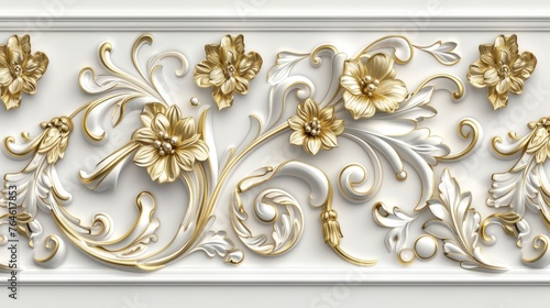 3D relief floral design with gold and white ornament on a white background.