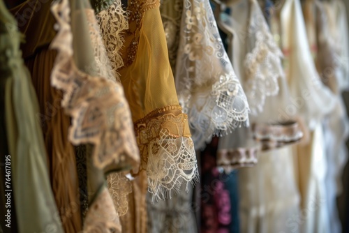 closeup of lacy sleeves of dresses on a boutique rack