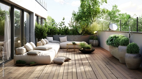 Modern outdoor terrace with comfortable lounge furniture.