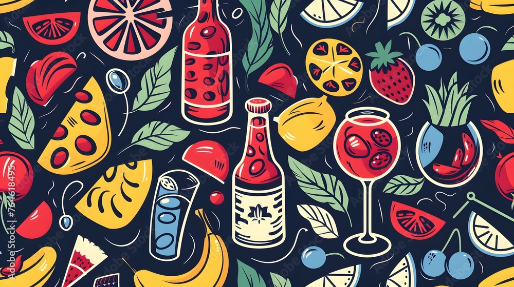 Obraz premium Ideal for festive and culinary concepts, a lively and detailed illustration showcasing a summer theme with fruits, cocktails, and citrus slices.